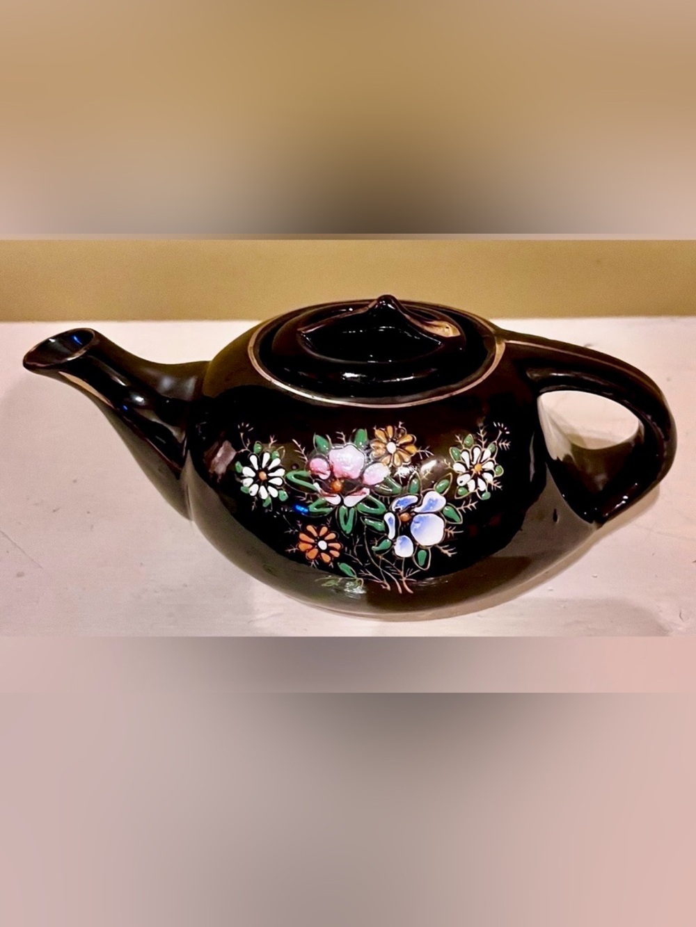 VTG Japan Moriage Redware Teapot Small Genie Lamp MCM Hand Painted Brown Floral